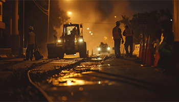 Heavy machinery is driving through a work zone with construction workers in the foreground